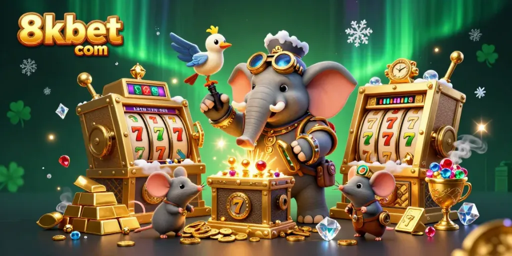 Spin the reels at 8xbet com in a vibrant, steampunk-themed casino adventure filled with treasures.
