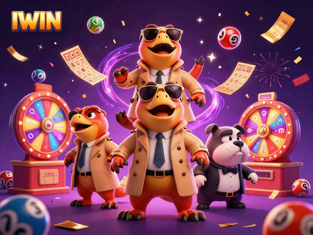 IWIN lottery-themed scene with raptors in a trench coat aiming for VIP casino access.