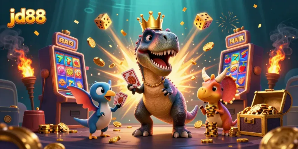 Experience the thrilling action at jd88 with a playful T-Rex shuffling cards surrounded by jackpots and casino excitement.