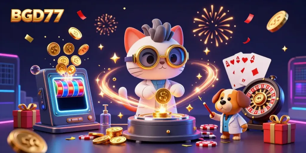 Experience the exciting world of BGD77 casino through a vibrant digital scene featuring a mad scientist cat and lab assistant dog amidst flying gold coins and casino elements.