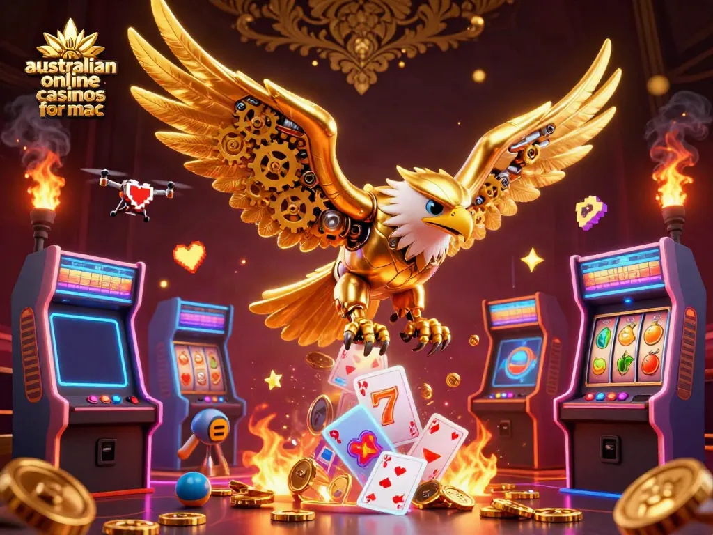 Engage with vibrant australian online casinos for mac depicted in a dynamic casino-themed scene featuring a cybernetic eagle.