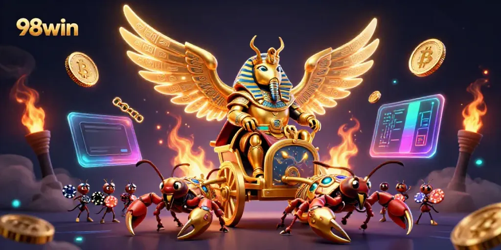 Engage in thrilling online gaming with 98win, featuring a grand scarab beetle and vibrant casino elements.