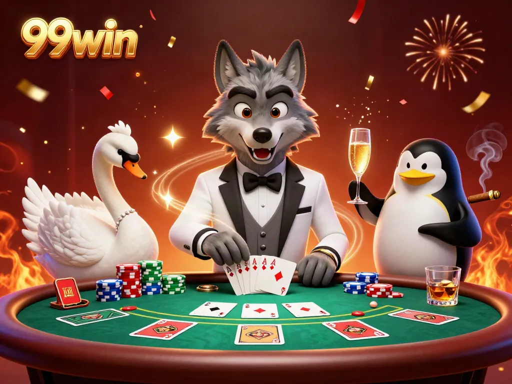 Experience the excitement of 99win with a 3D illustration of gambling characters at a baccarat table.