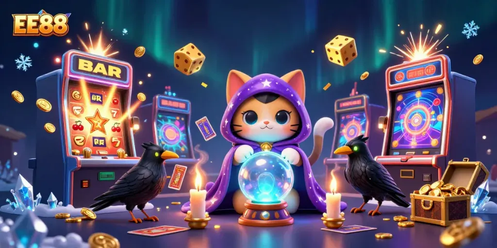 Experience the excitement of EE88 casino with a magical 3D scene featuring vibrant slot machines and mystical characters.