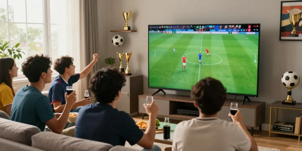 Fans enjoying a thrilling football match through GavangTV in a modern living room setting.