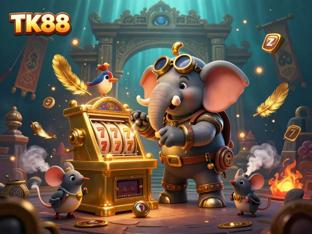 Engage with TK88's thrilling gaming experience, featuring a steampunk elephant at the golden slot machine.