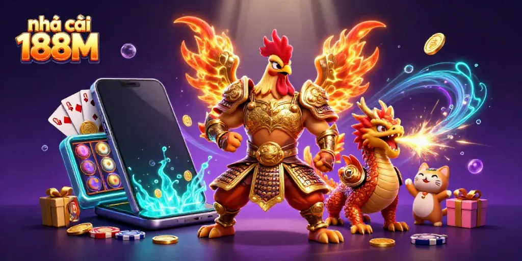 Engaging scene showcasing nhà cái 188M with a cartoon fighting rooster, dragon hatchling, and dynamic gaming elements.