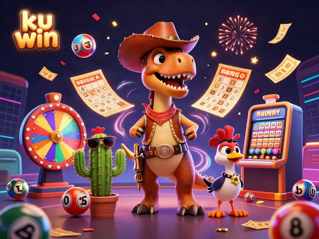 Experience thrilling wins with ku win featuring a T-Rex cowboy and casino symbols in a vibrant scene.