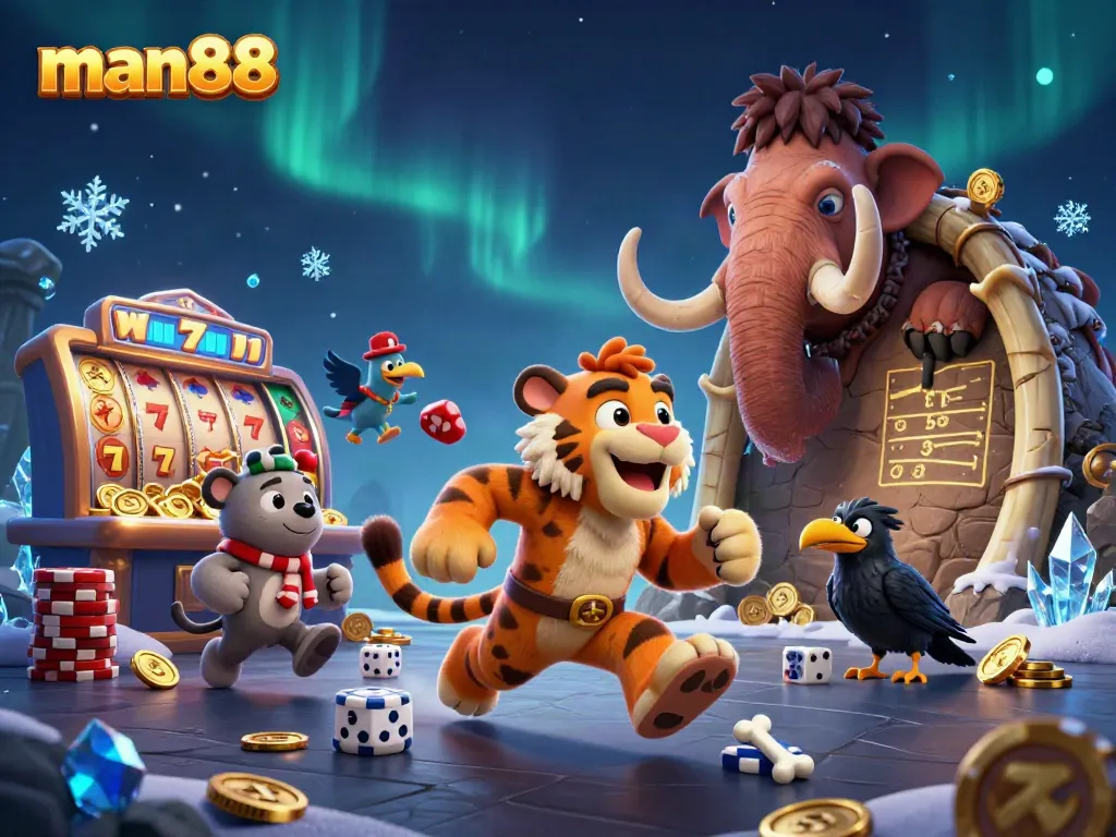Engage in thrilling gaming experiences with man88 at a lively prehistoric casino scene featuring unique gambling elements.
