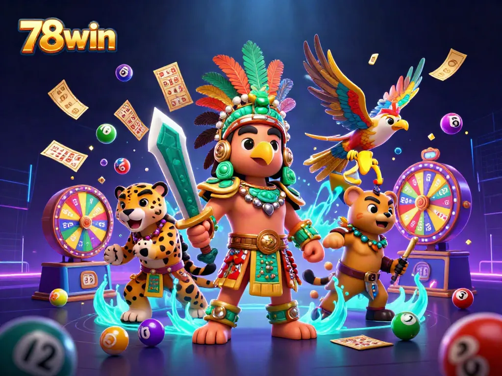 Engage with the vibrant world of 78win as colorful lottery elements soar around skilled Aztec warriors.