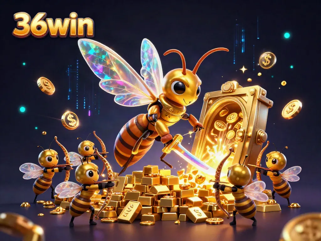 Experience the thrill of 36win with a dynamic 3D casino scene featuring a golden hornet samurai and dazzling treasures.