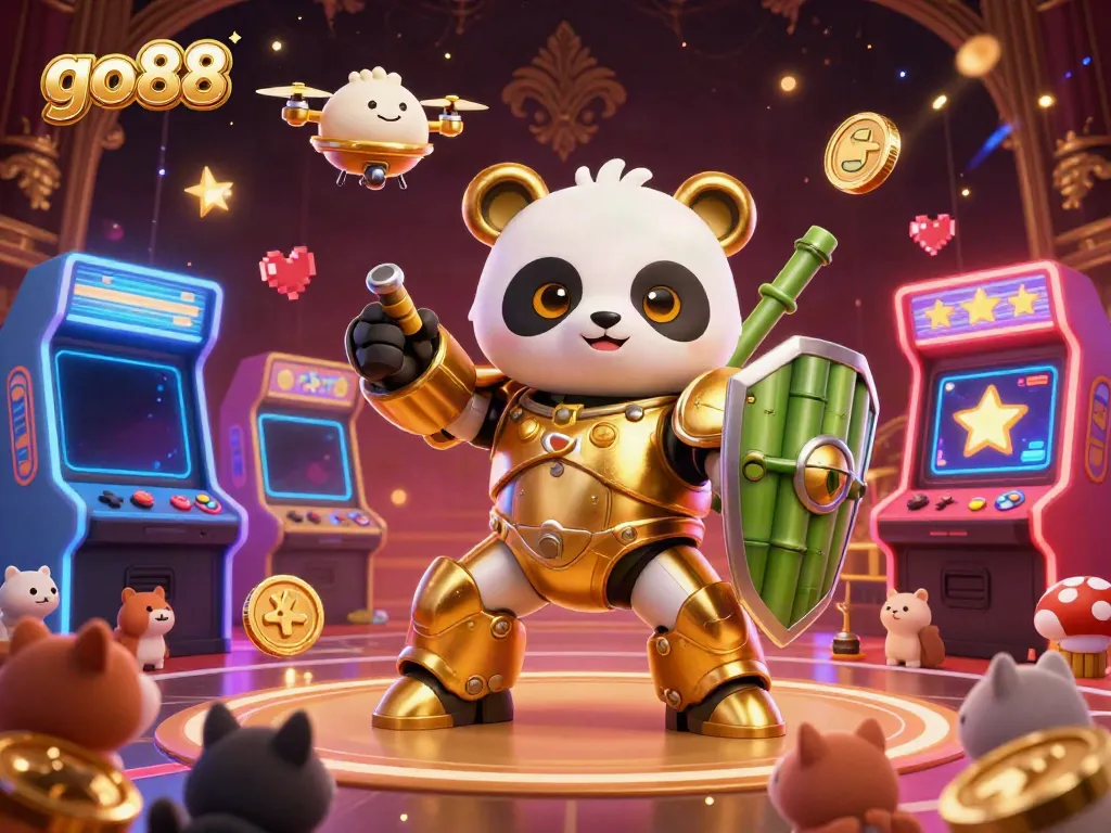 Engage in thrilling gameplay at go88 with a vibrant 3D scene showcasing a mech-suit panda and arcade machines.