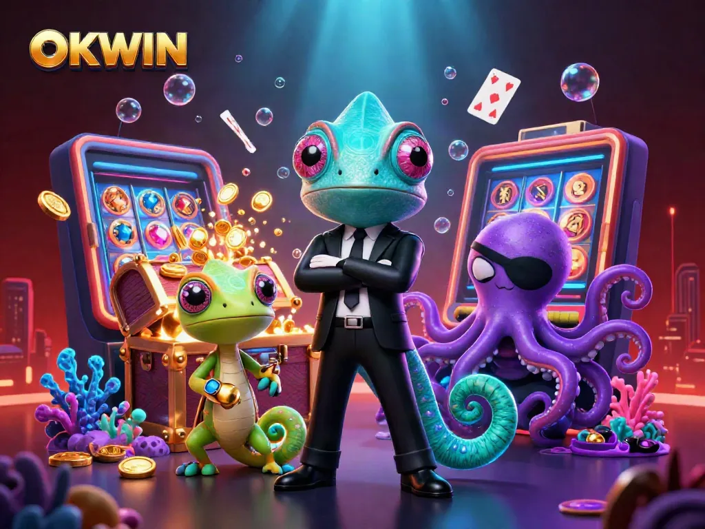 OKWIN showcases a vibrant casino scene with a secret agent chameleon, tech-gecko, and an octopus amidst riches and slot machines.