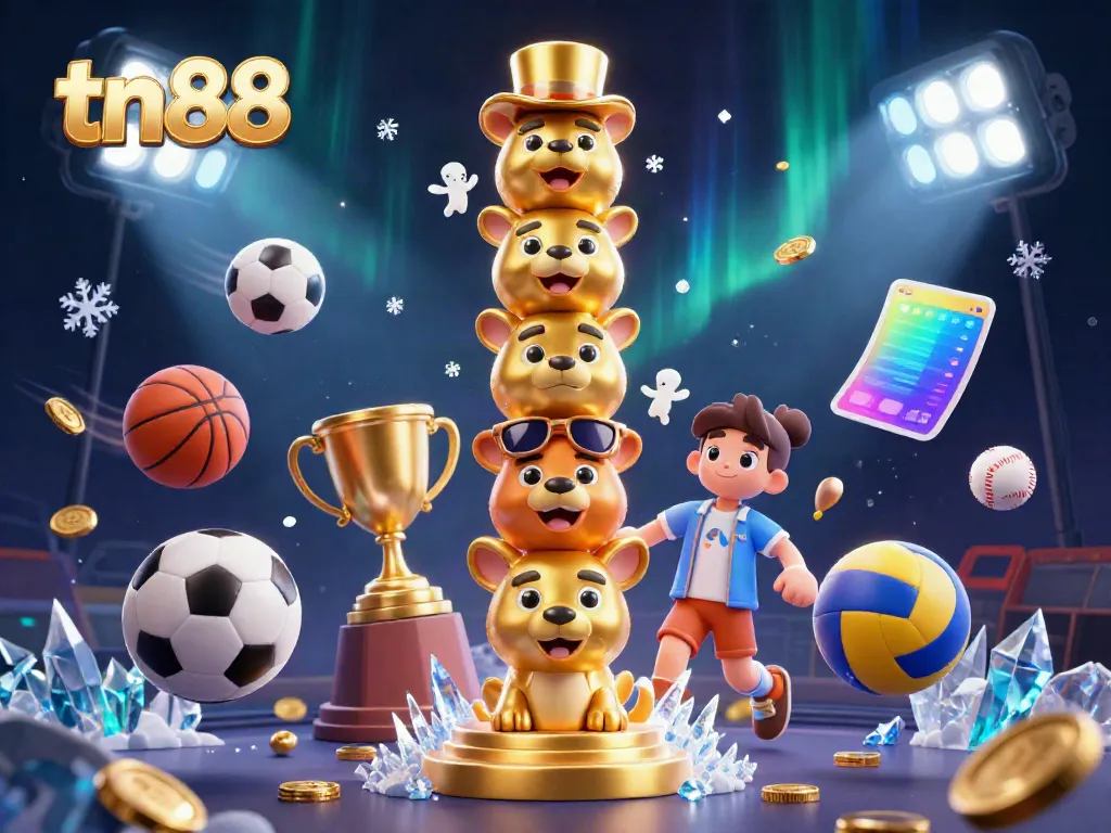 Engage with tn88 in a vibrant casino scene featuring a golden totem pole and animated sports elements.