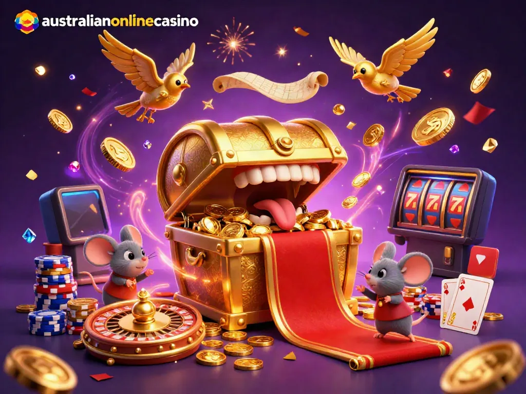 Win big with australianonlinecasino's enticing gaming riches in a vibrant, festive scene.