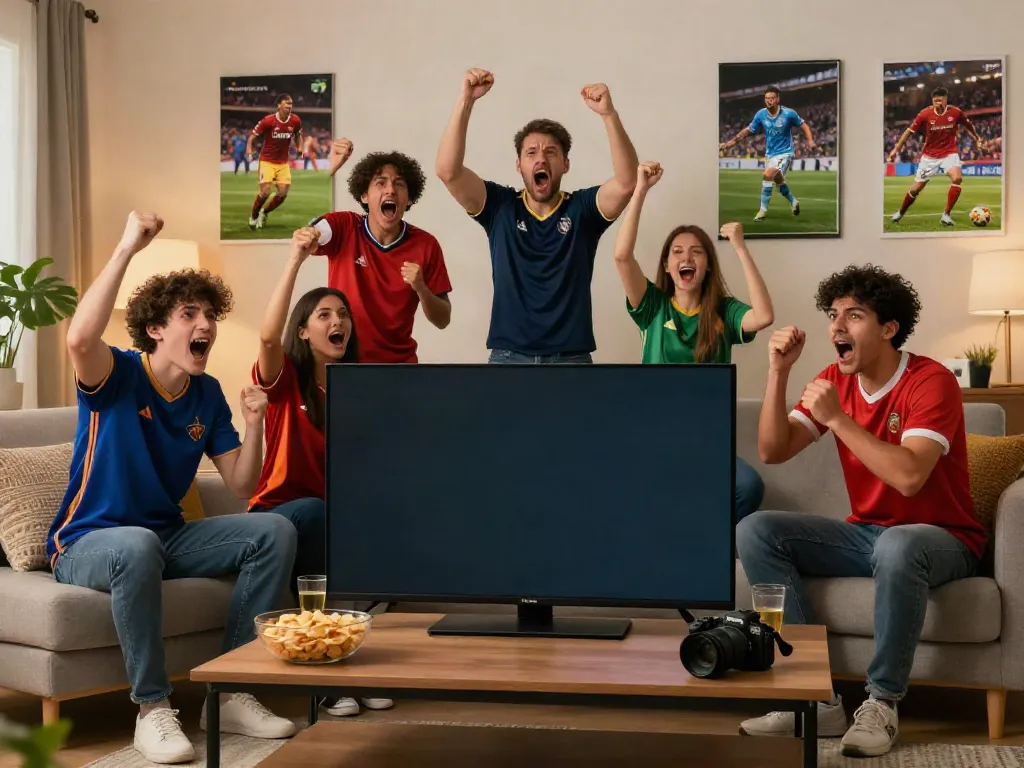 Fans enjoying a lively football match on CakhiaTV in a cozy living room.