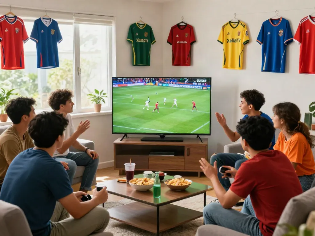 Friends enjoying a soccer match on Xoilactv in a lively living room.