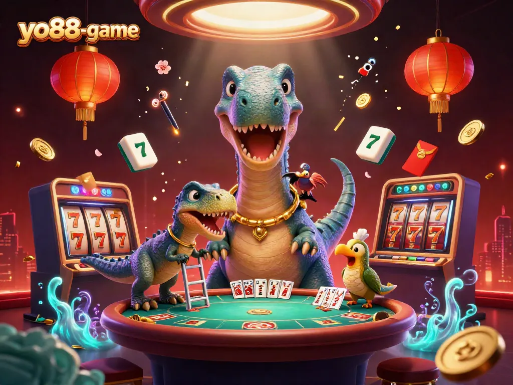 Experience thrilling games at yo88-game with a giant brontosaurus overseeing a lively casino scene.