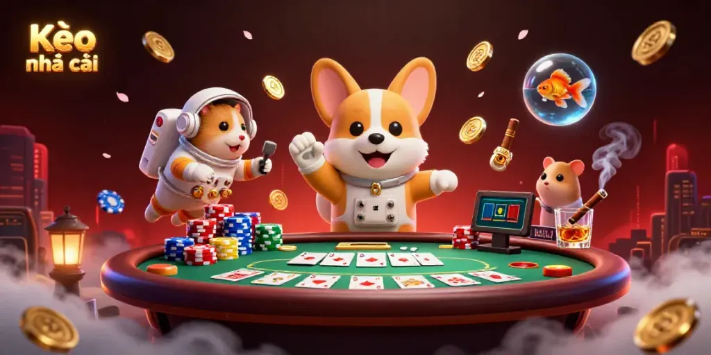 Engage in exhilarating gameplay at Kèo nhà cái with astronaut corgi and casino-themed characters amidst a vibrant space setting.