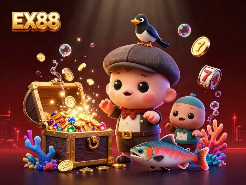 Engage in an exciting slots adventure with EX88 as a cute Nessie interacts with golden treasures.