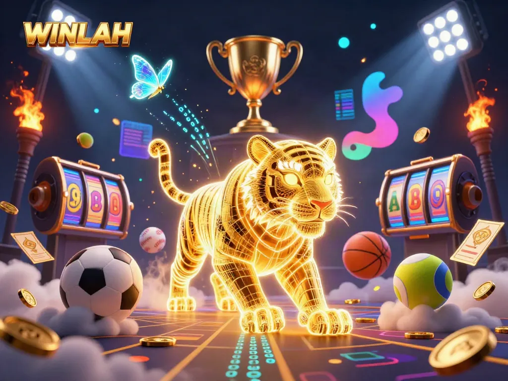 WINLAH's vibrant digital casino illustrated with a neon tiger amidst sports betting elements.