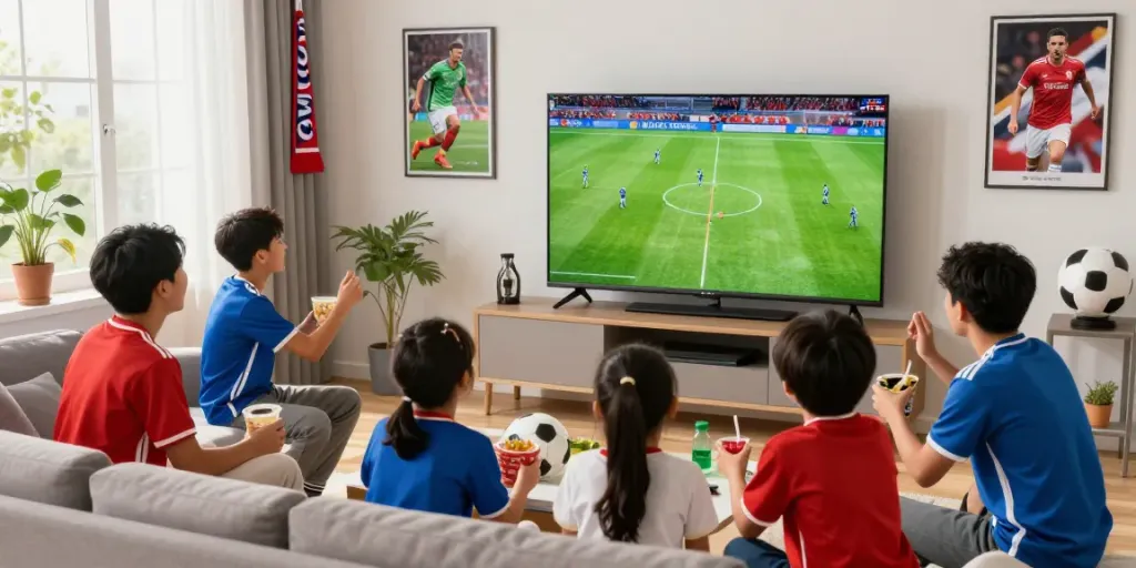 Fans enjoying a live soccer match on GavangTV in a lively living room setting.