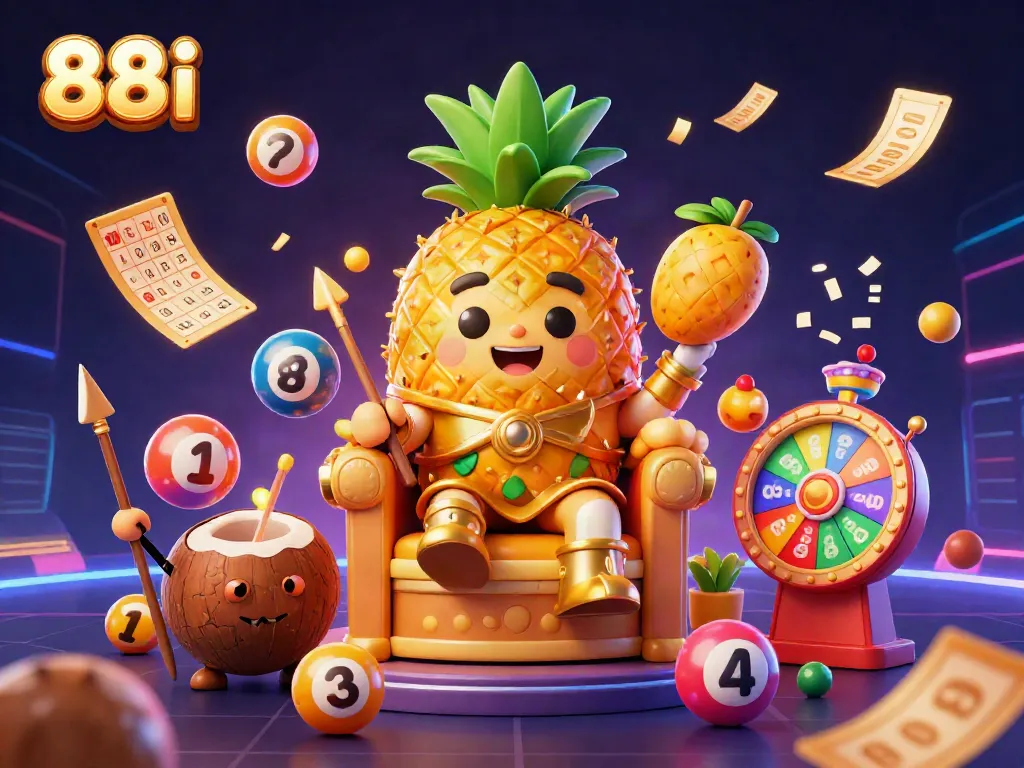 Experience epic gaming wins at 88i with vibrant casino characters celebrating amidst a whirlwind of animated lottery and bingo elements.