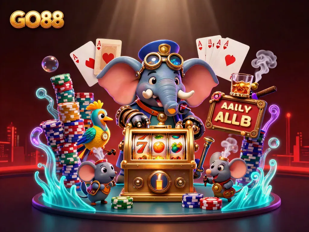 Engaging GO88 slot scene with a steampunk elephant engineer, vibrant slot reels, and dynamic poker elements.