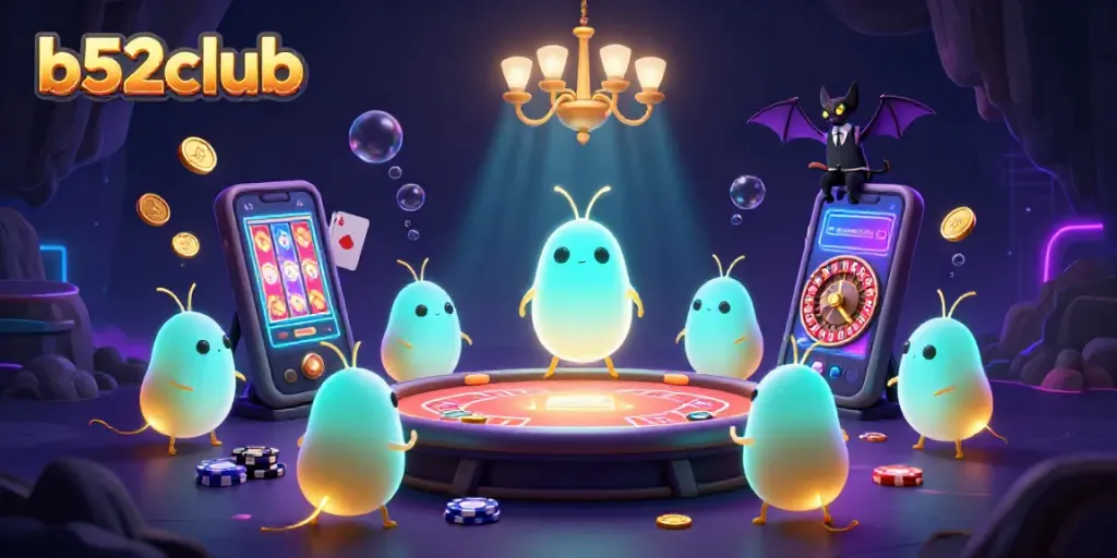 Engage in thrilling gaming at b52club with a vibrant 3D casino scene illuminated by glowworms, featuring energizing slot action and poker.
