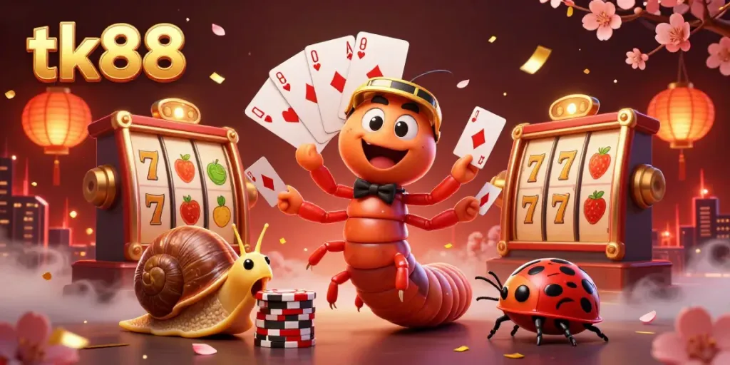 Experience excitement at tk88, featuring a cartoon dealer with cards, high-roller snail, and vibrant slot game elements.