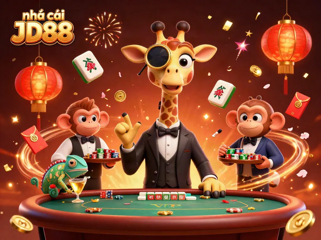 Experience the lively atmosphere of nhà cái JD88 with playful characters at a vibrant casino scene.