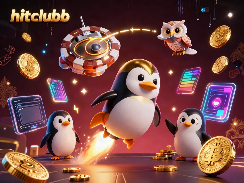 Engage with hitclubb's vibrant online casino world featuring a golden penguin and crypto elements.
