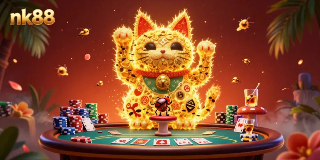 Engage with nk88 through a vibrant scene of a golden lucky cat and dynamic casino elements in a celebrated gaming atmosphere.