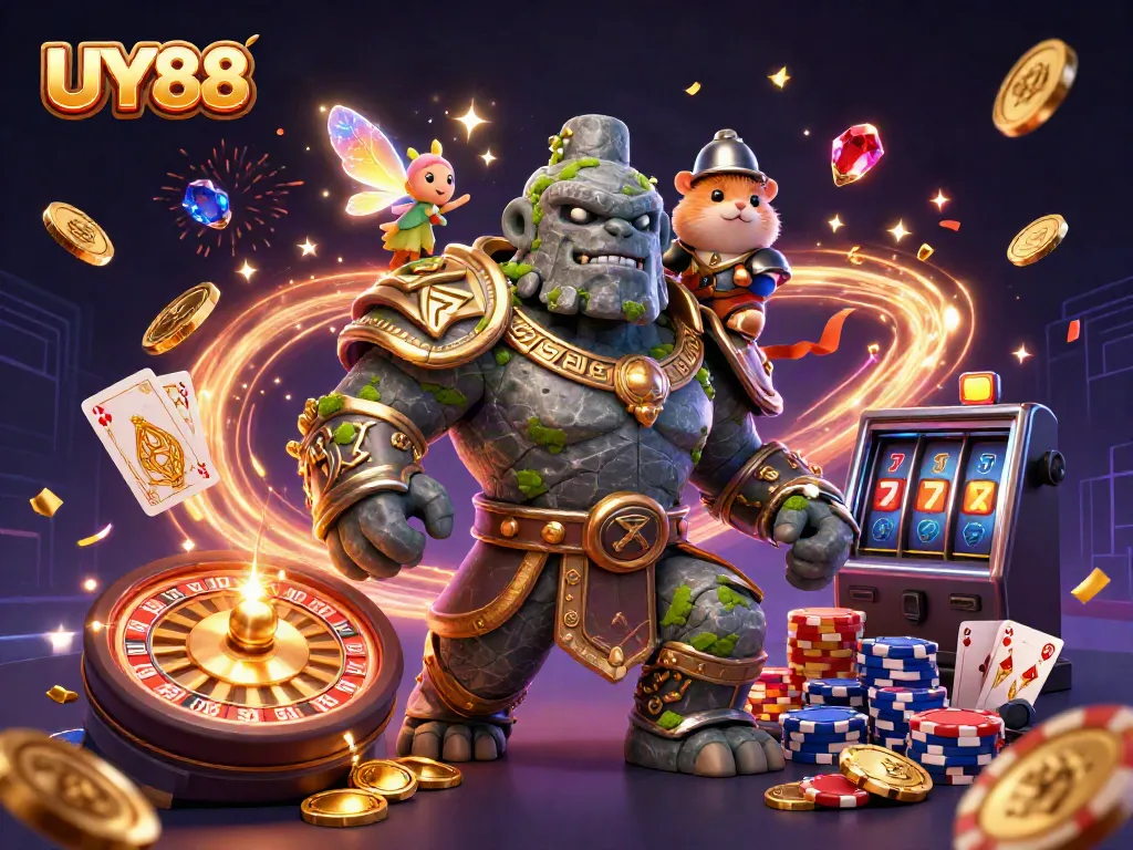 Experience the excitement of UY88 with a dynamic 3D scene featuring a golem guardian, fairy, and hamster knight amidst casino elements.