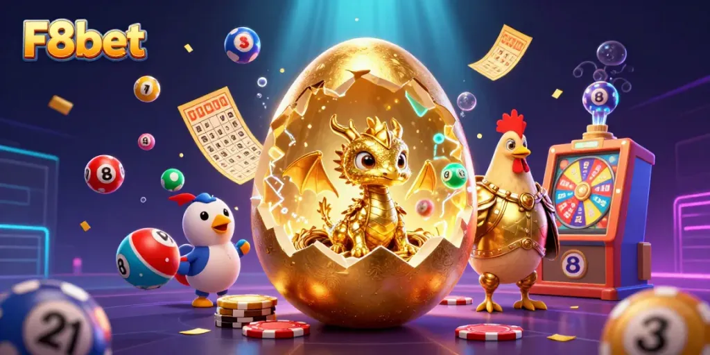 Engage with F8bet's vibrant casino world, showcasing a golden dragon amid colorful lottery balls and dynamic gaming elements.