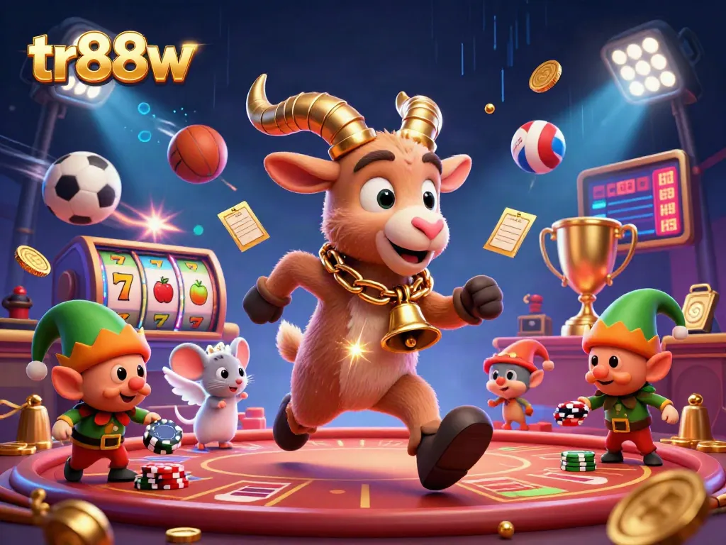tr88w showcases a dynamic holiday-themed casino scene with a Krampus goat and playful characters involved in gaming antics.