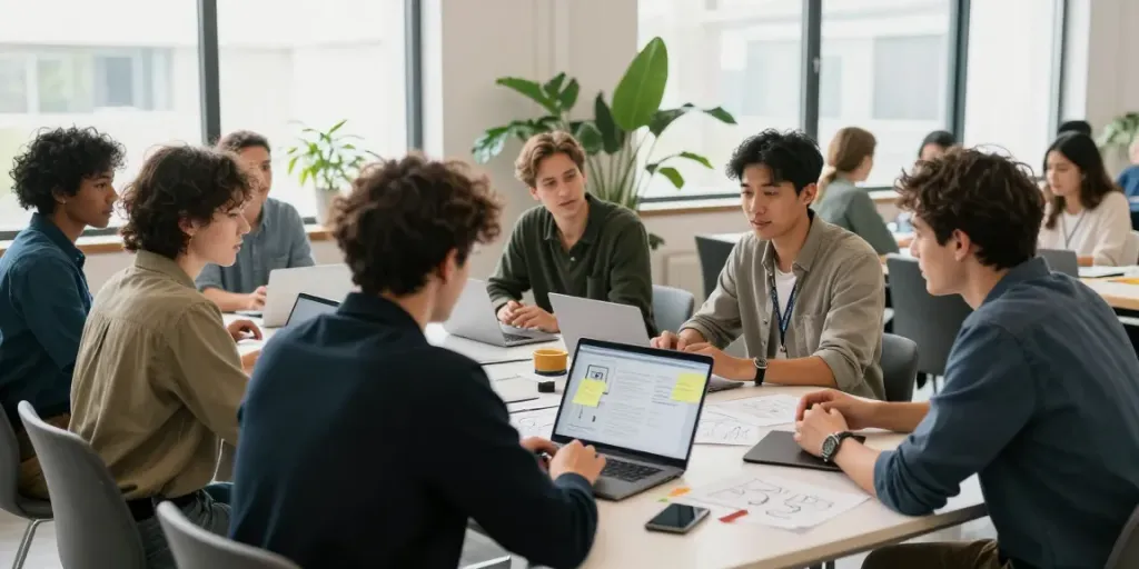 Freelancers collaborating at Zinn Hub, showcasing projects in a modern co-working space