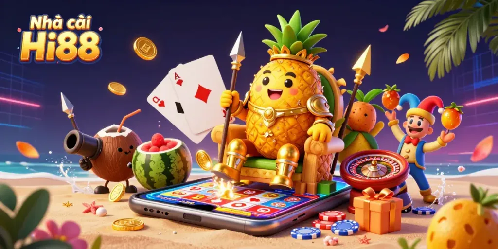 Join the excitement at Nhà cái Hi88 with a vibrant casino scene featuring characters and gambling elements.