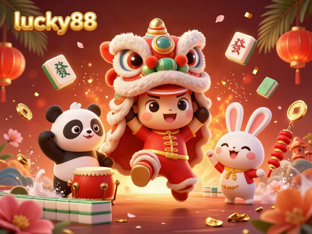 Experience thrilling gameplay with lucky88 in this vibrant 3D casino illustration showcasing a lion dance and festive elements.