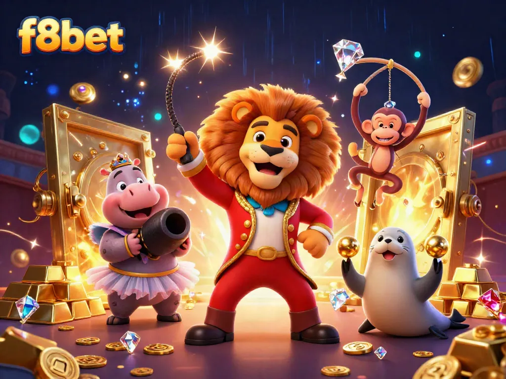 Experience high-stakes excitement with f8bet, showcasing a vibrant 3D circus theme filled with gems and treasures.