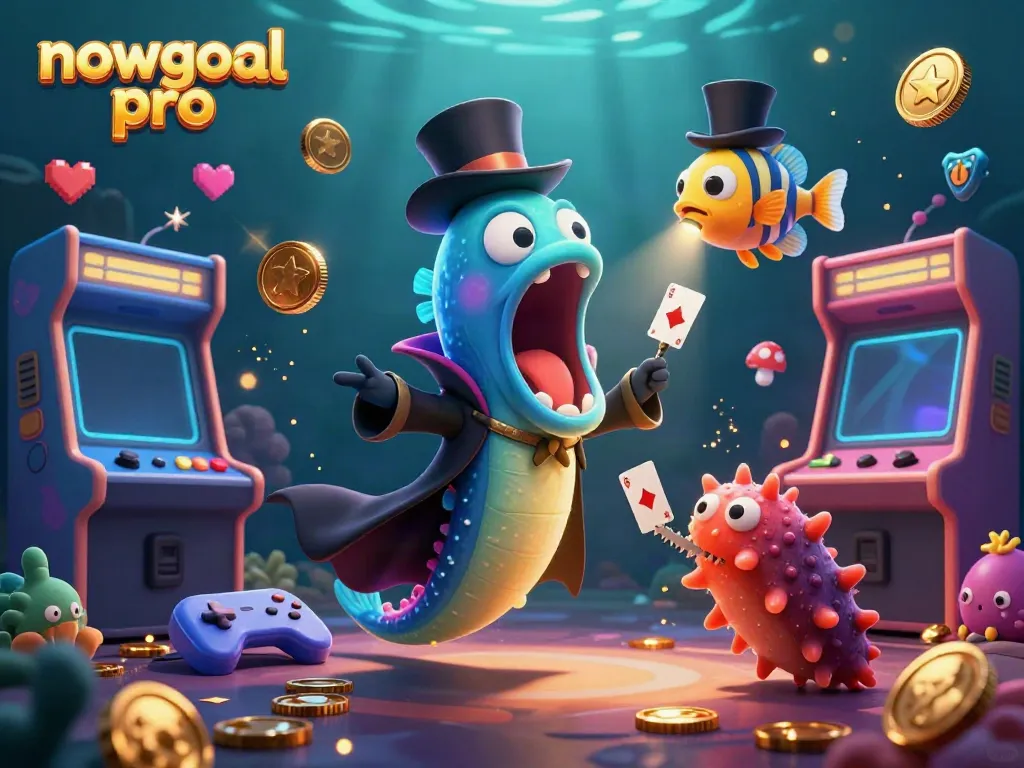 Nowgoal pro showcases a vibrant casino scene with a gulper eel performing tricks and glowing game elements.