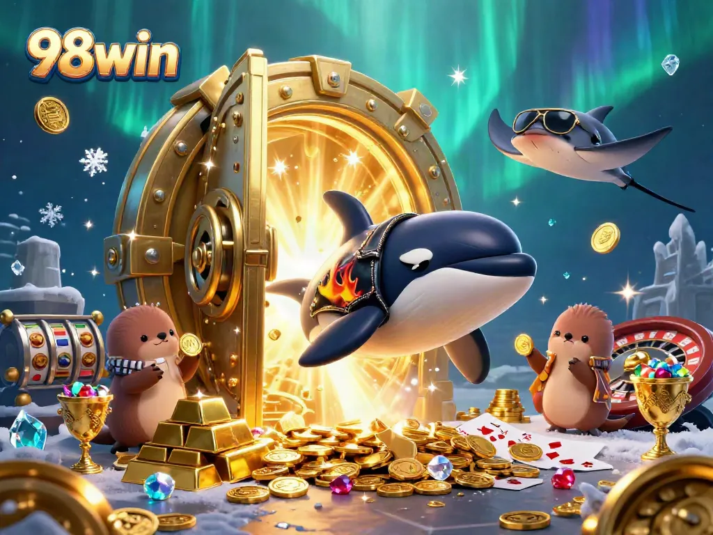 Engage in thrilling 98win adventures with sea creatures celebrating marine treasures and fun casino gaming.