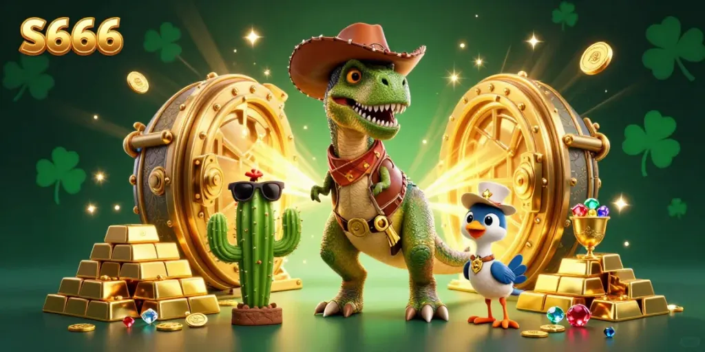 S666 offers exhilarating casino experiences, featuring a playful T-Rex cowboy alongside dazzling treasures.