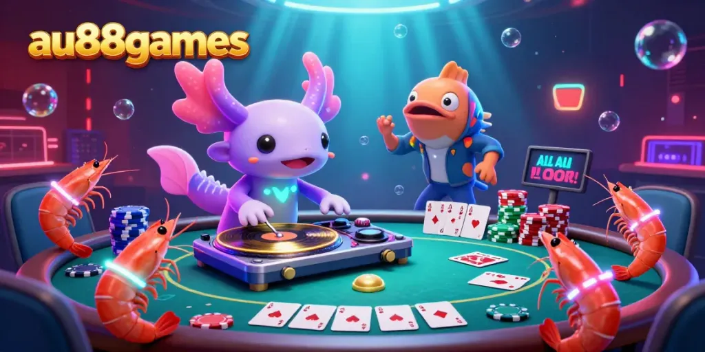 Experience thrilling gameplay with unique characters and poker elements at au88games, in a lively underwater casino scene.