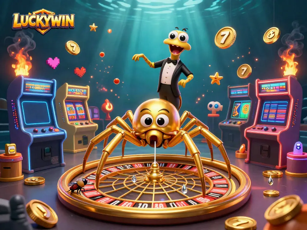 Experience the excitement at LUCKYWIN with a golden spider spinning a roulette wheel amidst vibrant game elements.