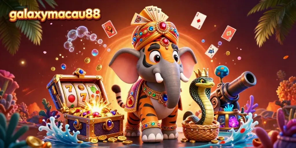 Experience excitement at galaxymacau88 with stunning fantasy characters and vibrant casino-themed backdrop.