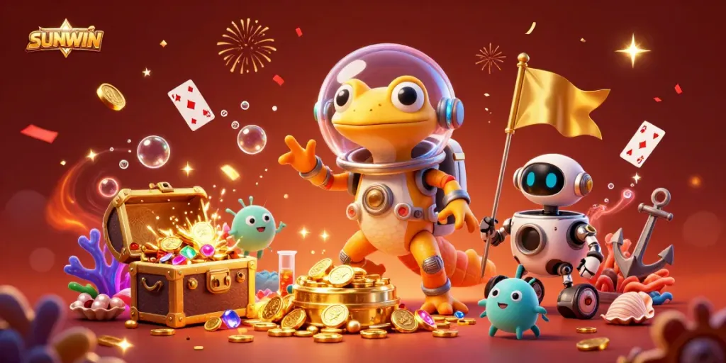 SUNWIN showcases a playful Martian gecko discovering a vibrant casino, filled with treasures and celebrating aliens.