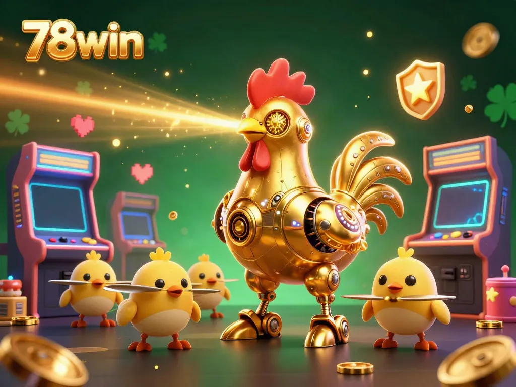Engage with 78win's 3D animated scene showcasing vivid casino elements and a golden rooster robot.