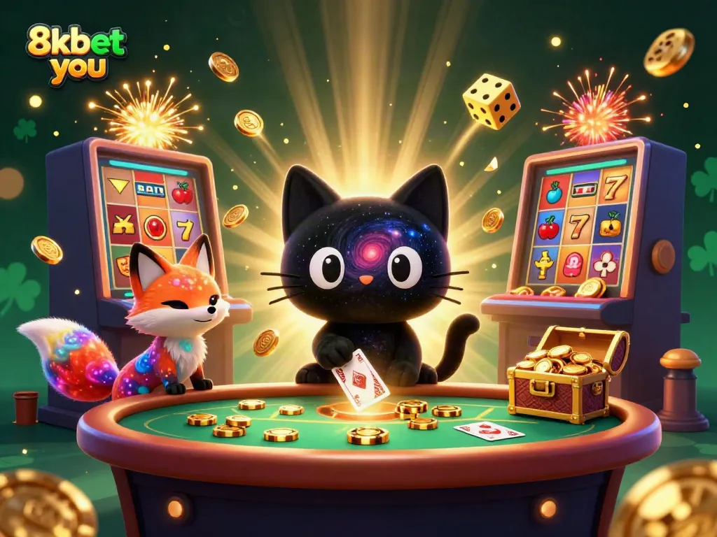 Experience 8xbet you in a vibrant cosmic casino scene with a black hole cat and neon fox.