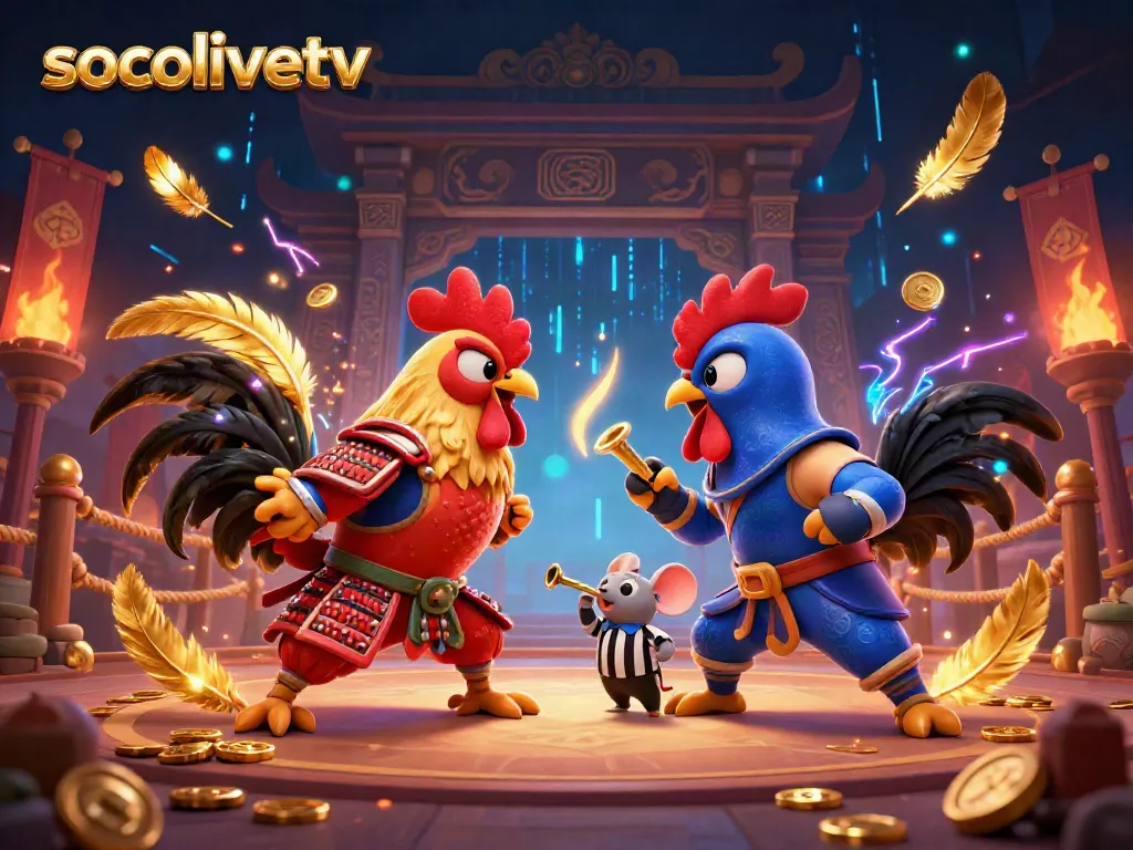 Experience thrilling moments with socolivetv in this action-packed rooster fight scene showcasing dynamic elements and vibrant colors.
